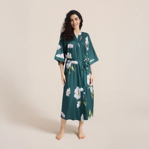 Luxurious dark green floral satin bathrobe for women with elegant V-neck and waist tie belt