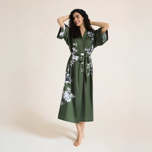 Luxurious satin long floral robe with kimono sleeves and belt in deep olive green