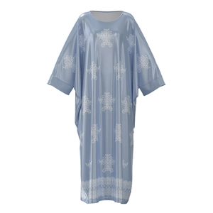 Light blue satin kaftan with damask prints and relaxed long length fit