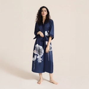 Navy blue silk satin robe with white lotus floral print and belted waist for women