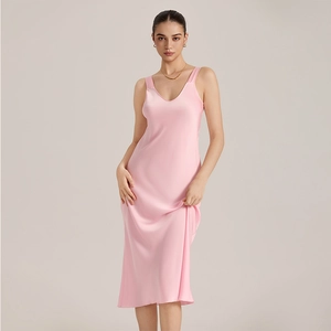 Damen Satin Nachthemd V-Ausschnitt Ärmellos Unterkleid Einfarbig Midi Nachtwäsche Elegant Loungewear Home Wear Nightie Pijama