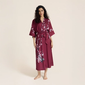 Elegant wine red satin long robe with cherry blossom print and waist tie for women