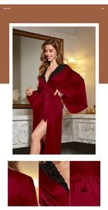 Détails du peignoir en satin bordeaux avec dentelle noire et fente latérale élégante