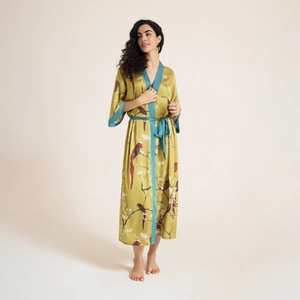 Peignoir long en satin vert olive pour femme avec imprimé floral et liseré bleu