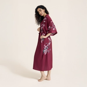 Luxurious wine red satin kimono robe with cherry blossom print and three-quarter sleeves