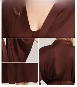Detailed views of V-neckline and wide sleeves on chocolate satin robe with silky finish