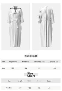 Size chart for elegant satin robe showing chest, shoulder, and length measurements