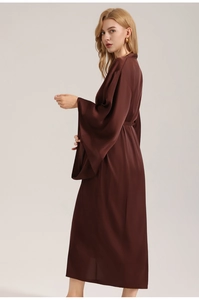 Detail view of dark coffee satin robe with long bell sleeves and elegant silk texture