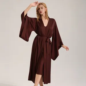 Elegant deep brown satin long-sleeved bathrobe and slip dress set for women
