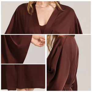Chocolate satin kimono robe set with elegant wide sleeves and silk-like finish for women