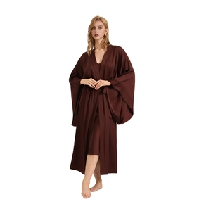 Elegant solid dark brown satin long robe and slip dress set with wide sleeves and glossy finish