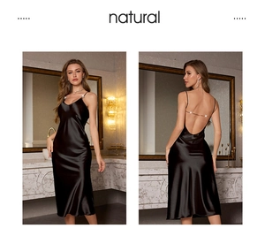Detailed back view of black satin nightgown with crystal straps and open back design
