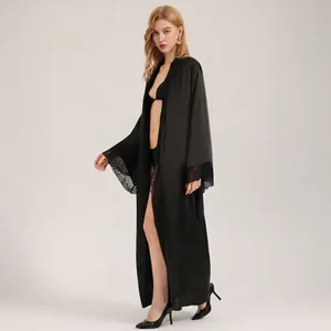 Women Sexy Satin Nightgown Lace Trim Long Sleeve V-Neck Sleepwear Elegant Silk Feel Robe Bathrobe Home Nightwear For Ladies