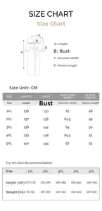 Size chart table for women satin robe showing length and chest measurements in cm for 1XL to 5XL