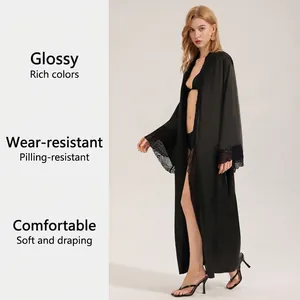 Elegant black satin long nightdress with lace trim and smooth silky finish for women
