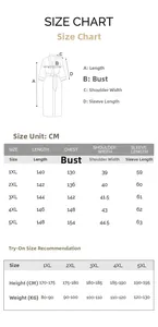 Tabla de tallas detallada para bata de satén de mujer de talla grande de 1XL a 5XL