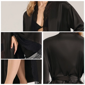 Elegant black satin nightdress for women with lace trim and tie waist in 4-grid view