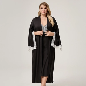 Detail showing elegant white lace trim on the cuffs of a black satin women's long robe