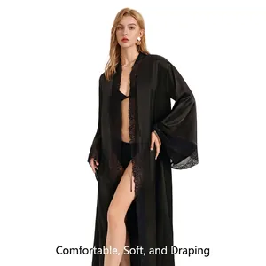 Elegant black satin nightdress for women featuring luxury lace trim and long sleeves