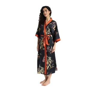 Women's long floral satin nightdress in black and copper with oriental print