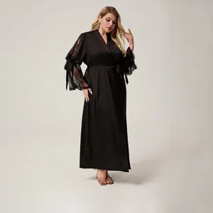Women Plus Size Satin Long Nightgown V-Neck Lace Patchwork Sleepwear With Bow Tie Belt Elegant Black Bathrobe