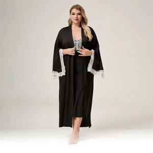 Women Plus Size Satin Nightgown Robe Set With White Lace Trim V-Neck Long Sleeve Silk-Like Sleepwear Top And Bottom Home Wear