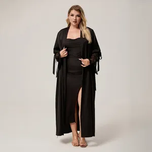 Women's plus size black satin sleepwear set with lace sleeves and long robe