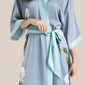 Elegant grey-blue floral satin bathrobe for women with white lilies and mint green trim