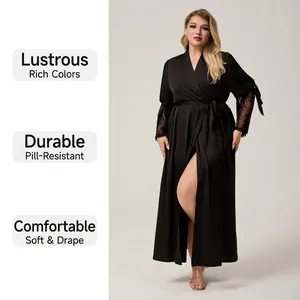 Lustrous black satin long sleeve robe with lace trim and high slit for women