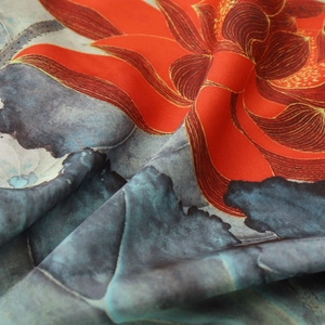 Luxury satin silk floral print bathrobe with vibrant red flowers and silky texture
