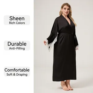 Elegant black satin long robe with V-neck, waist tie and white floral lace cuffs