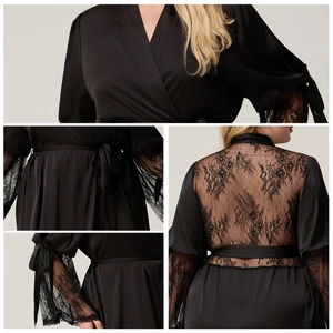Elegant black satin robe with intricate lace sleeves and belted waist for women