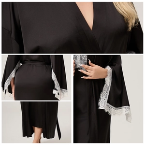 Women's black satin robe with white lace sleeves and waist tie in a four-view detail layout