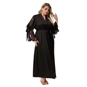 Elegant black satin long bathrobe for women with lace sleeves and bow cuffs
