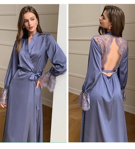 Detailed back view of purple satin robe with elegant lace patchwork and open back design