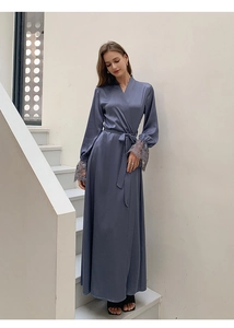 Elegant dusty blue satin long robe with delicate lace cuffs and tie waist detail