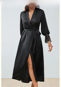 Elegant black satin long robe featuring V-neckline with delicate floral lace cuffs