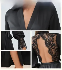 Detailed view of black satin sleepwear featuring delicate floral lace and waist tie