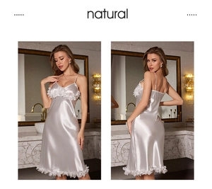 Front and back view of white silk nightgown with petal pleats in luxury bathroom