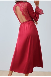 Elegant red satin sleepwear featuring an open back design with delicate lace patchwork