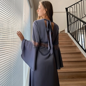 Elegant satin backless loungewear with lace details and flared sleeves in dark grey-blue
