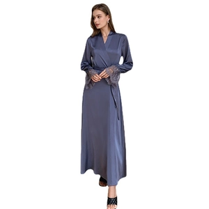 Elegant steel blue satin robe with lace-trimmed long sleeves and V-neckline wrap design