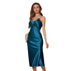 Elegant peacock blue satin nightgown with V-neckline and open back for women