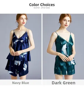 Lace V-neck silk satin pajamas set featuring crane patterns in navy and green colors