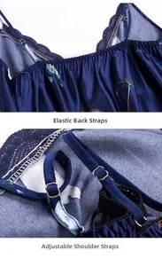 Detail of adjustable straps and elastic back on floral blue silk satin sleepwear