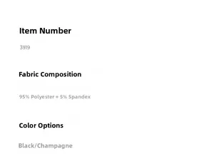 Tableau des tailles avec 95% polyester et 5% élasthanne pour le style 3919 en noir et champagne