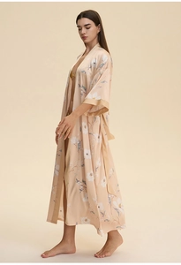 Elegant floral satin robe for women featuring champagne trim and soft silk texture details