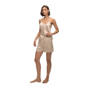 Ensemble de pyjama en satin doré champagne pour femme avec caraco en dentelle