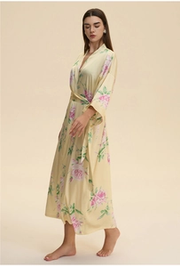 Elegant floral satin robe for women featuring pink roses and a classic wrap-around belt
