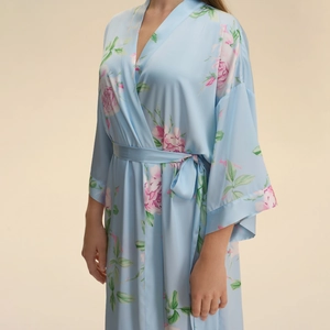 Elegant light blue floral satin bathrobe with long sleeves and belted waist for women